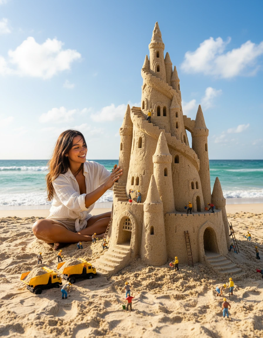 Sand castle and little builders