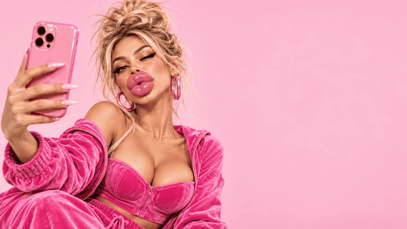Pink character taking a selfie, on pink background