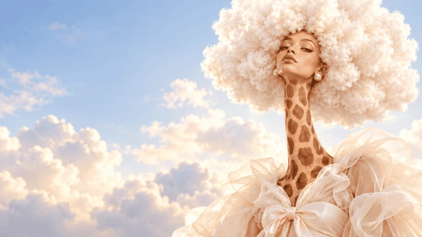 Fantastic portrait with giraffe neck and cloud hair, in a blue sky