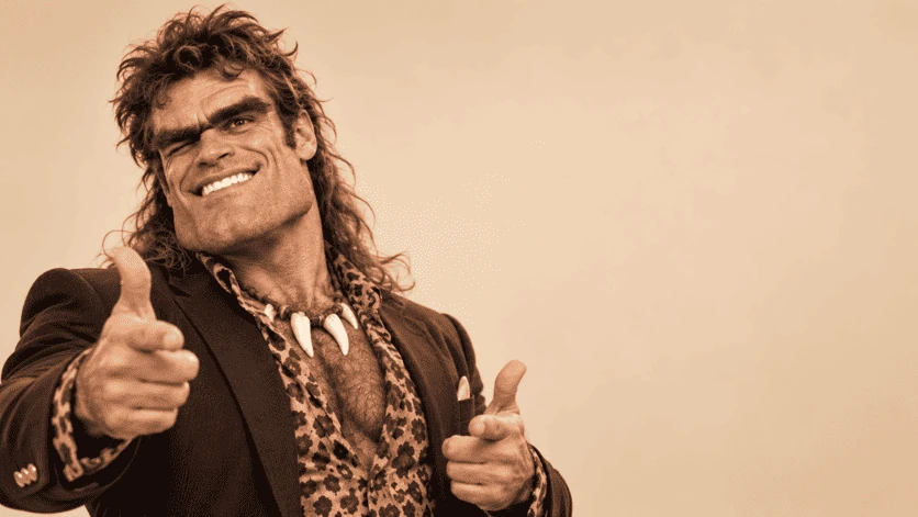 Smiling character in leopard jacket and shirt on beige background