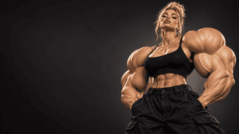 Female character with exaggerated muscles and black outfit on dark background