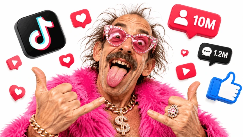 Eccentric character in pink fur, glasses and social media icons with fictitious counters