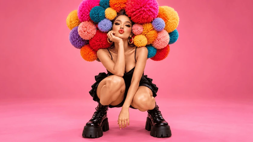Character in black dress and hairstyle of multicolored pompoms on pink background