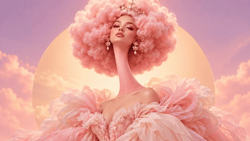Fantastic portrait with long neck, pink hair and tulle dress in front of a pastel sun
