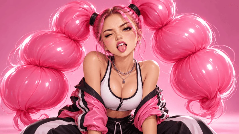 Character with oversized pink pigtails on a pink background