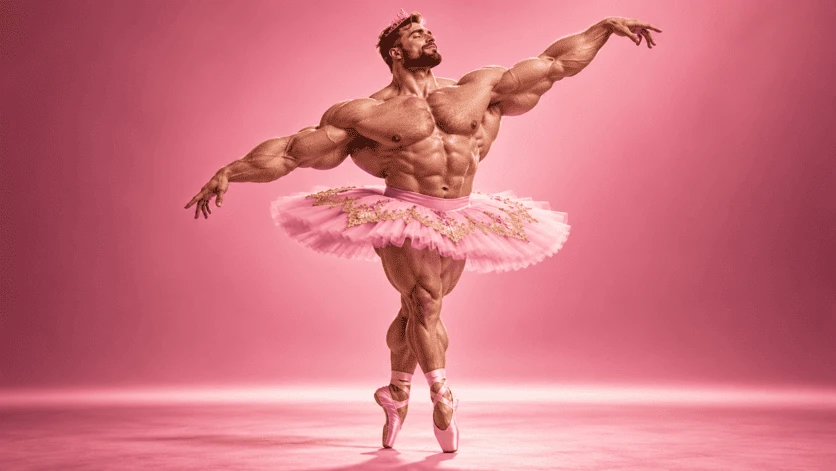 Muscular dancer in pink tutu and crown on pink background