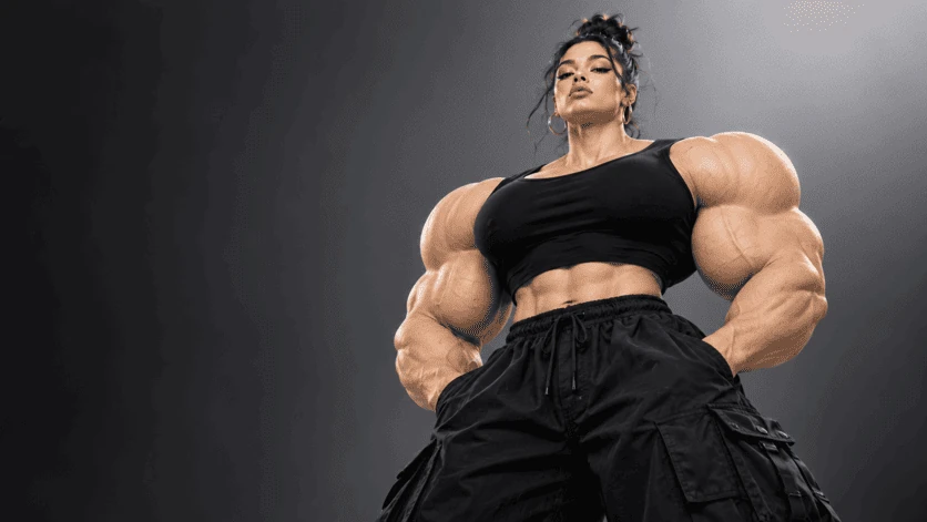 Female character with exaggerated muscles and black outfit on anthracite background