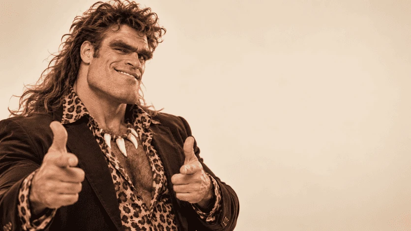 Smiling character in leopard jacket and shirt, on beige background