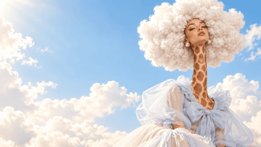 Character with giraffe neck and cloud hair in a blue sky