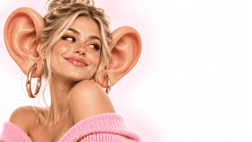 Female portrait with big ears and pink sweater on white background