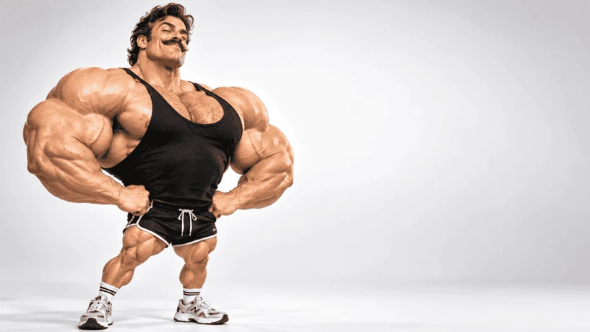 Muscular male character with exaggerated proportions, mustache and black sports outfit