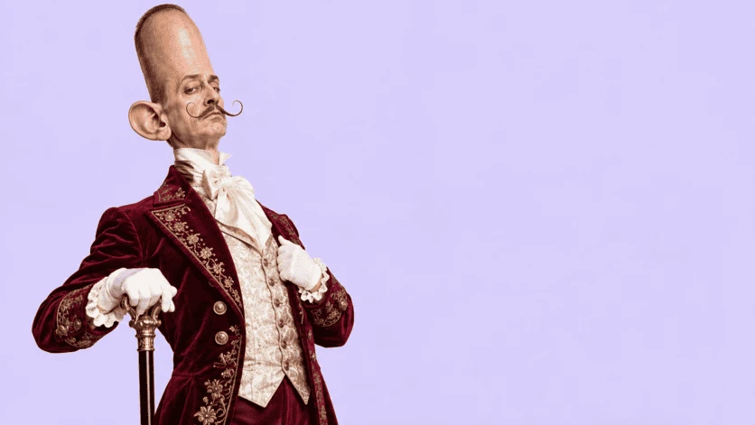Aristocratic character with an oversized skull, burgundy jacket and cane on a lavender background