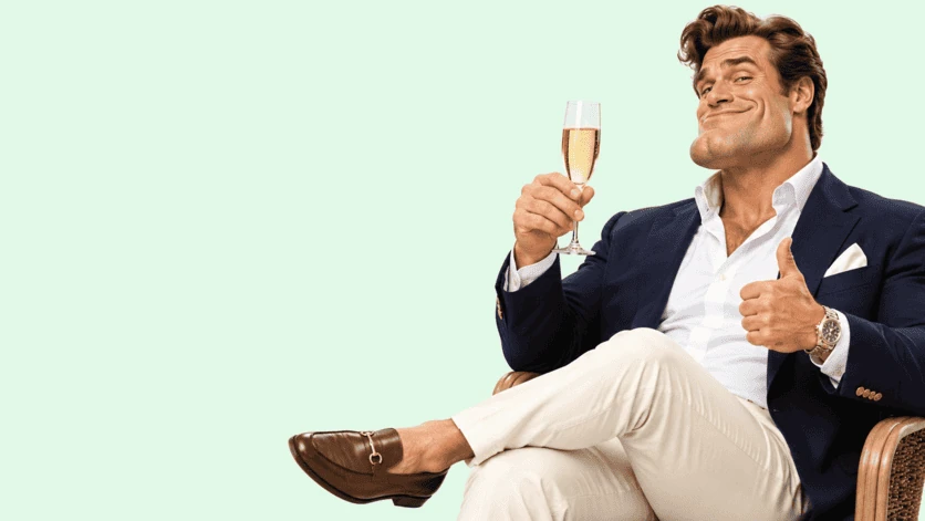 Character in blue suit making a toast in an armchair on a mint background