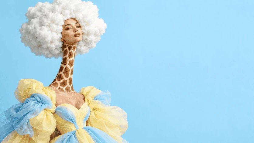Fantasy portrait with giraffe neck, cloud hair and pastel dress on blue background