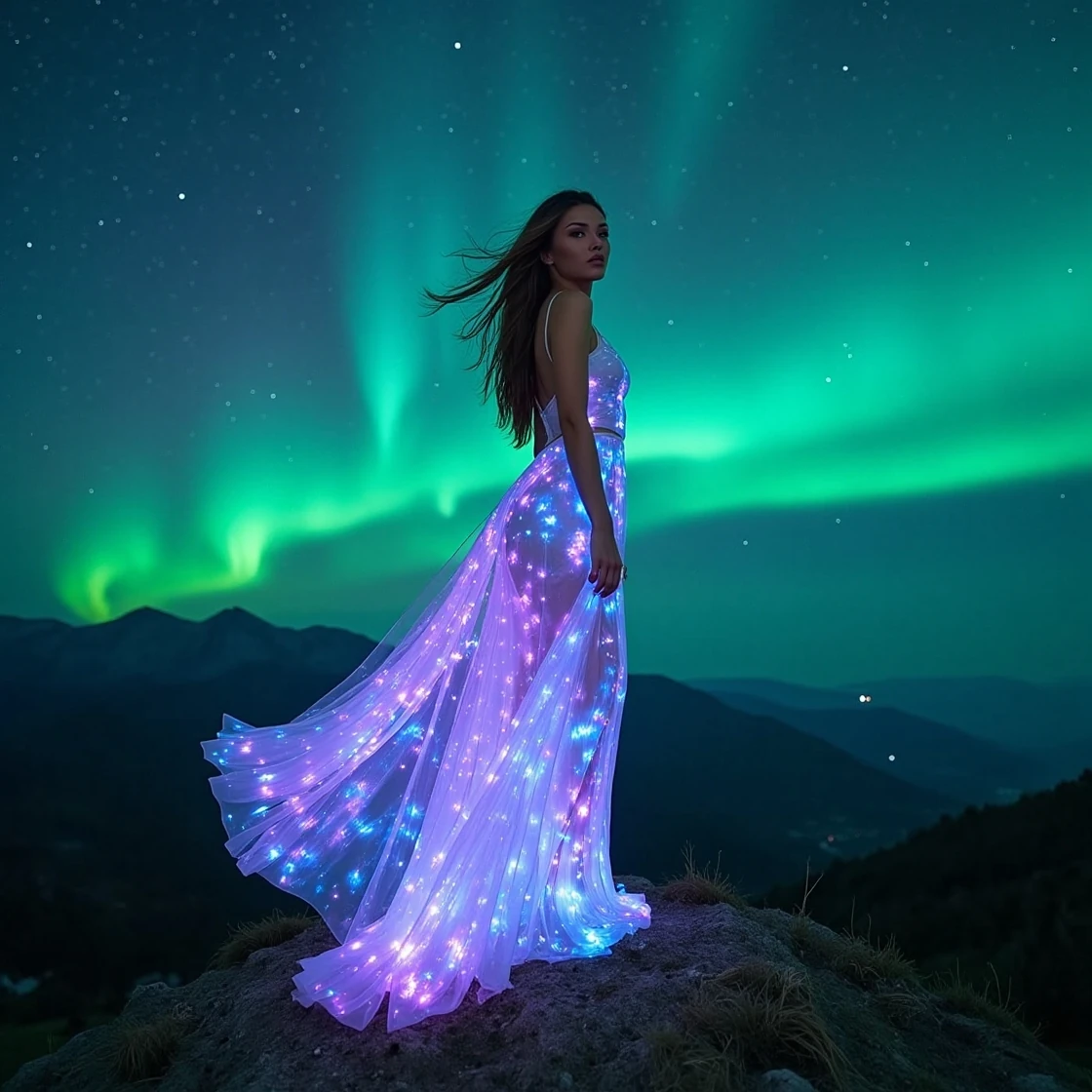 Fantasy fashion — luminous dress and aurora