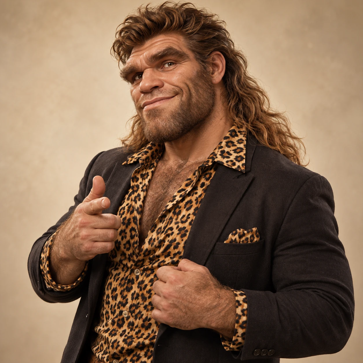 Retrato do personagem: personagem com cabelos e traços exagerados em uma camisa de leopardo